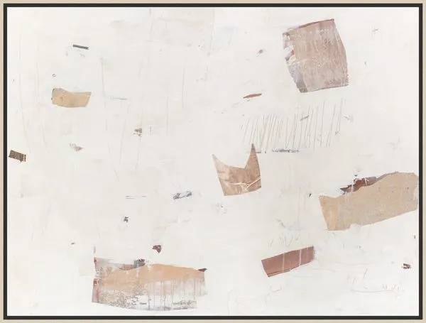 Abstract painting with soft neutral tones and textured patchwork on a large white canvas framed in black