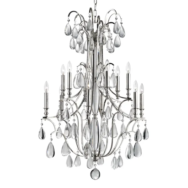 Crawford 12 Light Chandelier with silver frame, twelve candle-style lights, and large teardrop crystal prisms hanging thro...