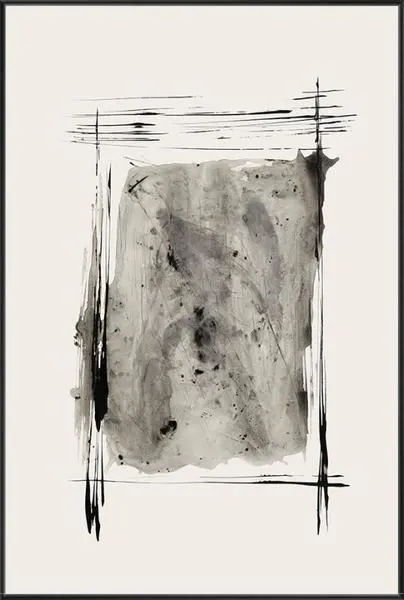 Abstract painting with bold black strokes framing a textured grey center, evoking raw energy and fluid movement