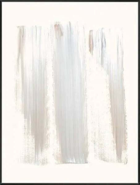 Minimalist abstract painting with broad vertical brushstrokes in soft beige and gray hues on a white background