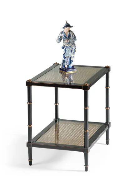 Conner Cane End Table with poplar caned panels and glass shelves, black frame with gold accents