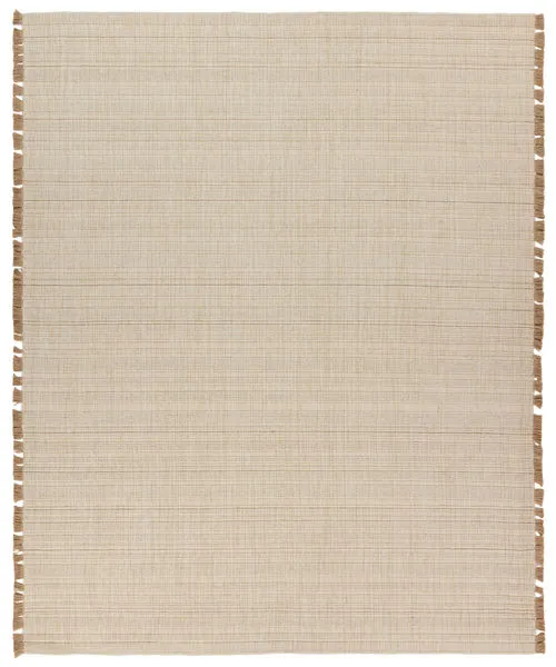 Cream and beige solid rug with subtle horizontal woven texture and fringed ends