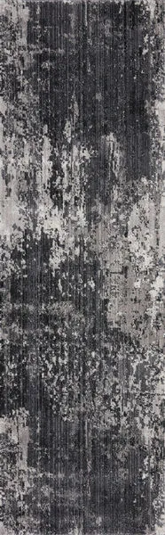 Long narrow runner rug view showing full length with vertical abstract pattern in charcoal and silver