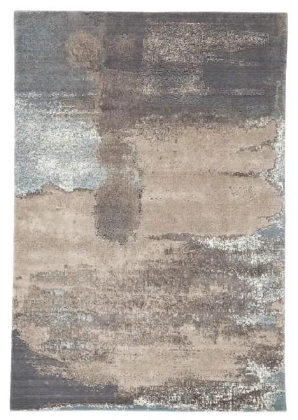 Abstract gray and blue modern rug with taupe and ivory tones, dynamic textured carved pile and subtle sheen