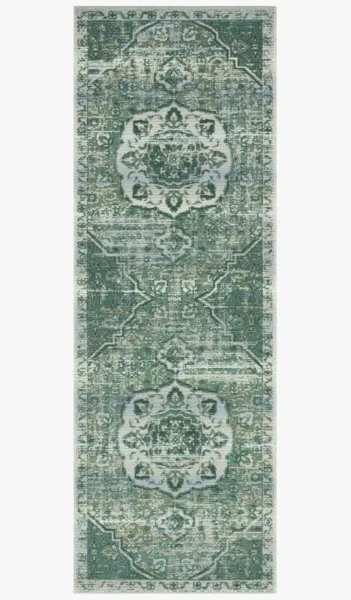 Long narrow runner view showing repeated medallion pattern in green and gray with distressed texture