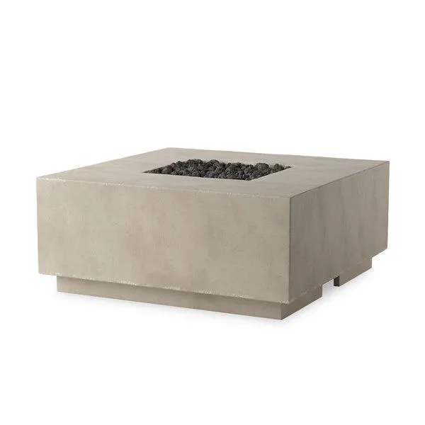 Square Donovan Outdoor Fire Table in glass-reinforced concrete with pewter dark grey finish and central lava stones