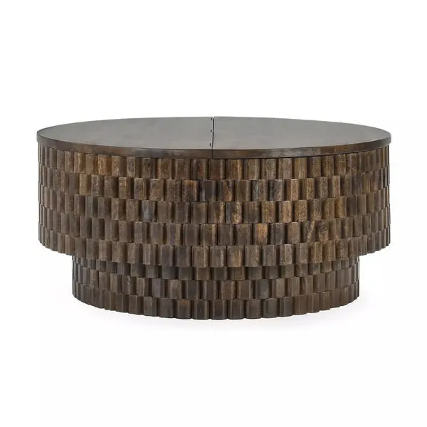 Round brown wood Norwood coffee table with dimensional block pattern and smooth top