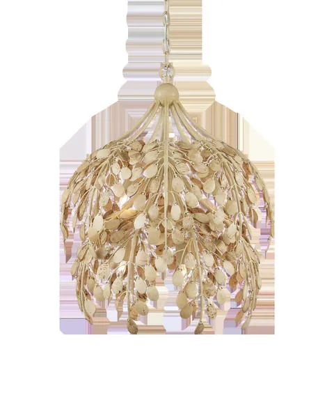 Maypan Pendant with cascading bleached coconut shell petals on a coco cream wrought iron frame