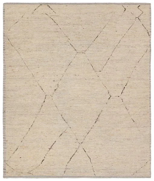 Cream and brown 9x12 hand-knotted rug with subtle linear texture and distressed trellis pattern