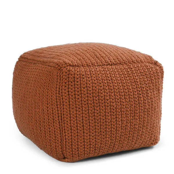 Square rust-colored pouf with a handwoven knitted texture designed for outdoor use