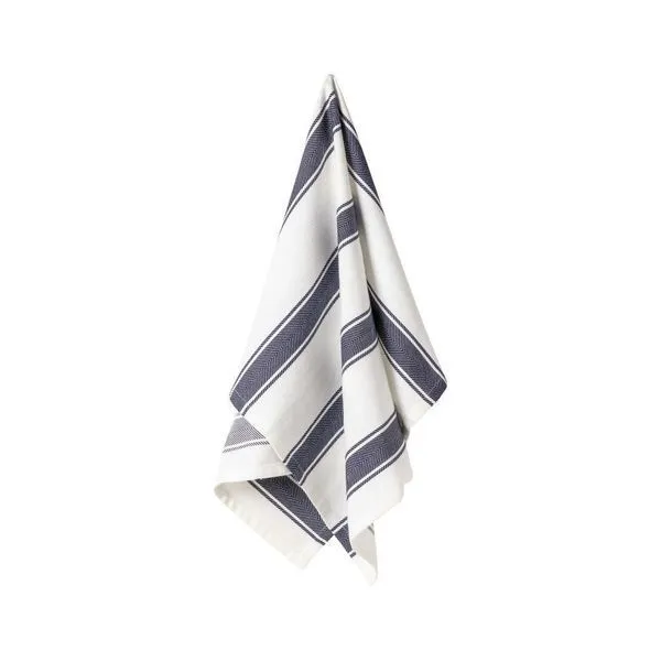 Blueberry striped kitchen towel set with herringbone pattern in soft cotton, hanging folded