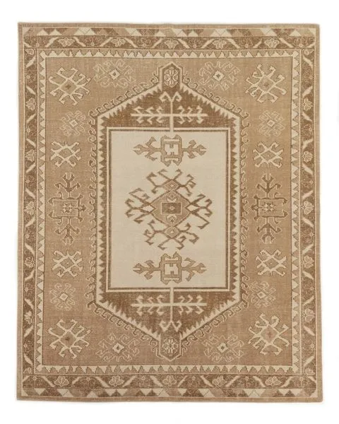 Enver hand-knotted vintage-style rug with beige and cream geometric patterns and textured borders, 96x120 inches