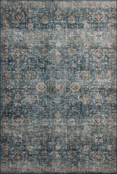 Anniston Lagoon Natural Rug with traditional motifs in distressed blue and beige tones