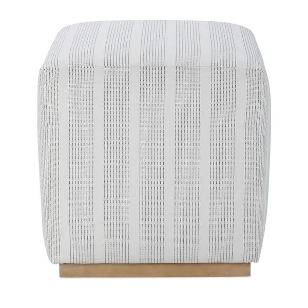 Compact Dena Ottoman with white fabric and thin vertical black stripes on a light wood base