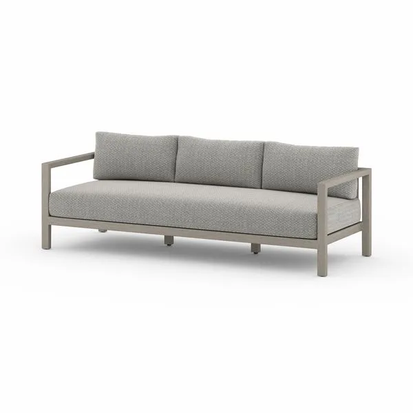 88-inch three-seat outdoor sofa with solid ash wood frame and neutral textured cushions