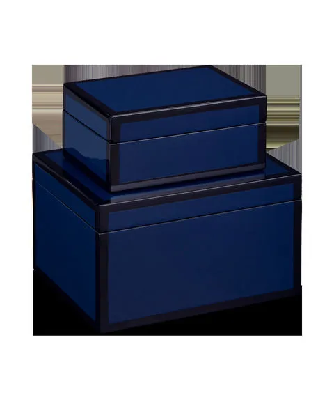 Set of two glossy navy lacquered wooden boxes with black trim, stacked with smaller box on larger