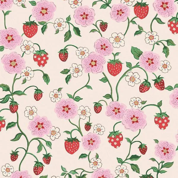 Matte finish wallpaper with vintage red strawberries, pink cistus flowers, white strawberry blossoms on cream background