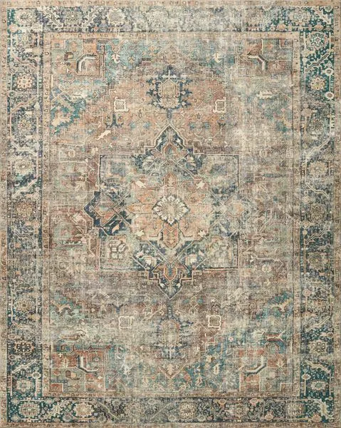 Traditional Margot Terracotta Lagoon Rug with distressed vintage floral medallion design in muted terracotta, lagoon, and ...