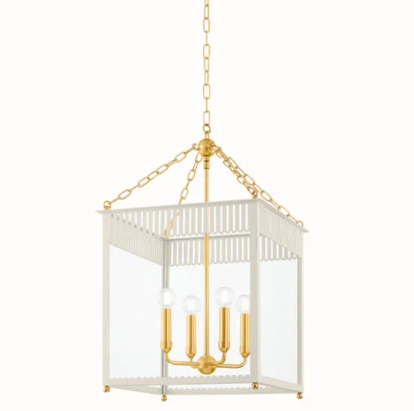 Rosalie Lantern side angle highlighting clear glass panels and brass chain detail with visible light bulbs