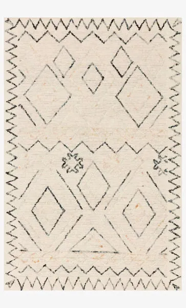 Leela Oatmeal / Denim Rug with abstract geometric black and navy lines on a cream wool pile