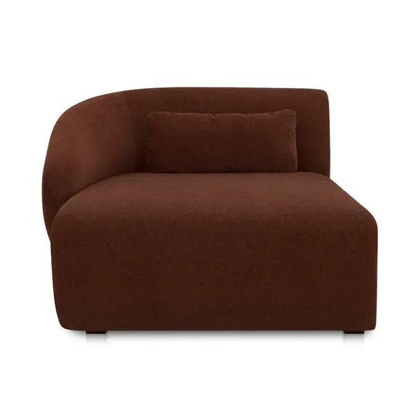 Amelia modular sectional chaise with left arm facing in rich warm brown upholstery, high back and sloped arm