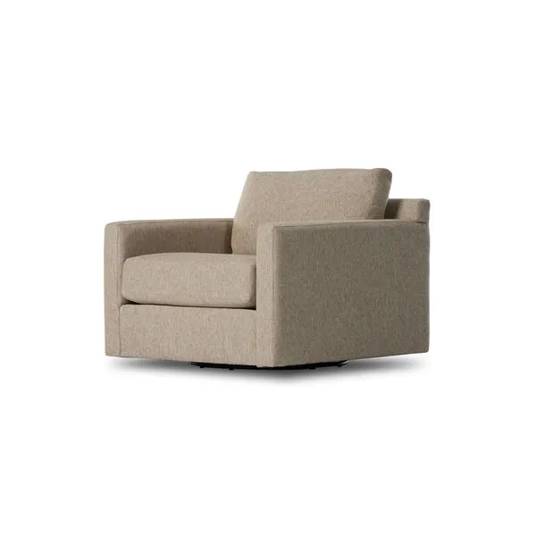 Hampton Upholstered Delta Sand Swivel Chair with plush cushioning and beige textured fabric on round swivel base
