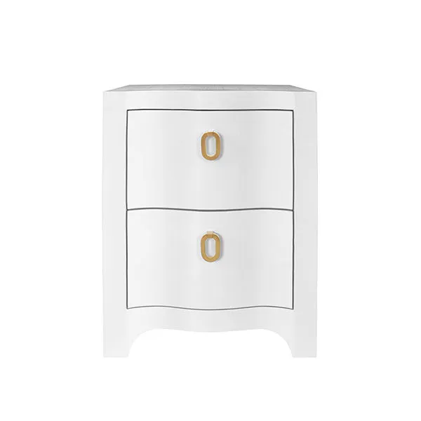 White Helena Side Table with two spacious drawers and distinctive oval gold handles with a curved silhouette