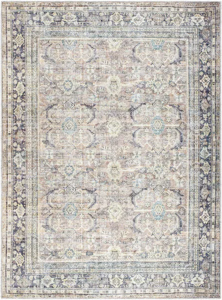 Darling area rug with a traditional pattern in charcoal, beige, and soft blue tones with a distressed finish.