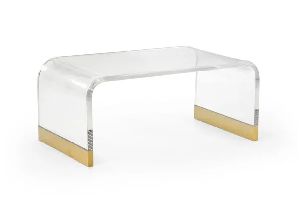 Clear acrylic Waterfall Coffee Table with 1-1/8 inch thick top and waterfall edge, antique brass feet