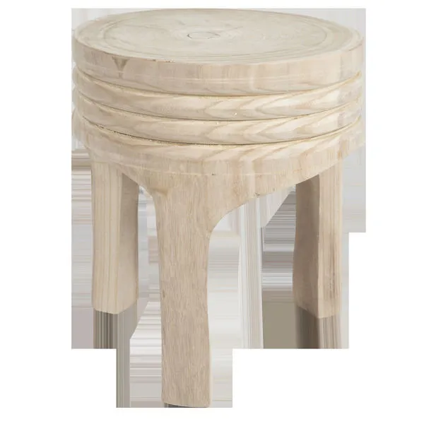 Round Solano Carved Stool in light natural paulownia wood with hand-carved horizontal grooves and four sturdy legs