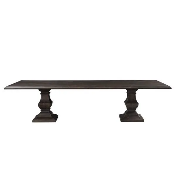 Toulon Vintage Brown rectangle dining table with vintage brown finish, solid mango wood, and thick multi-layered pedestal ...