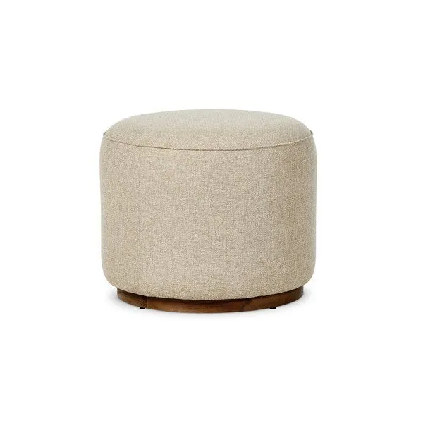 Sinclair Outdoor Ottoman with rounded shape, light beige woven fabric, and wooden swivel base