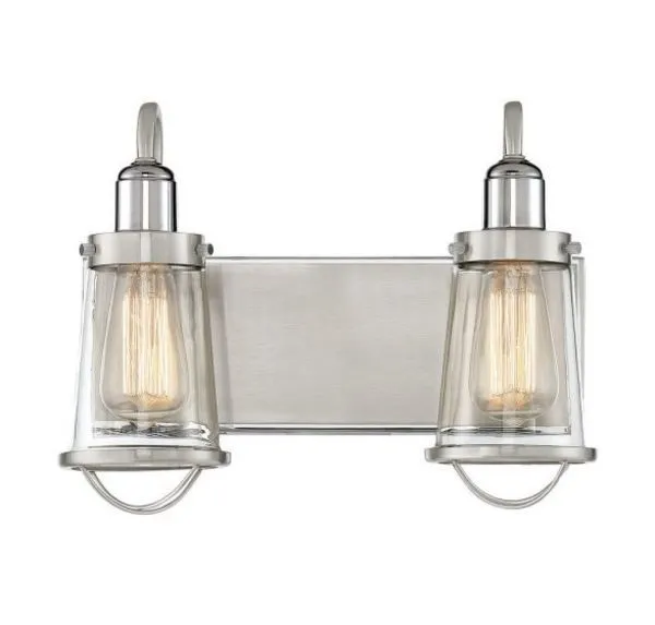 Industrial two-light bath bar with brushed satin nickel finish, rectangular wall plate, curved arms, and clear taper glass...