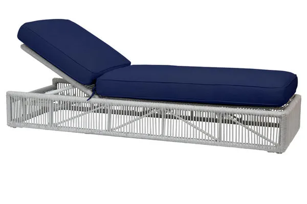 Miami Adjustable Chaise with silver-grey olefin rope and navy-blue 6-inch cushions, box frame with adjustable backrest