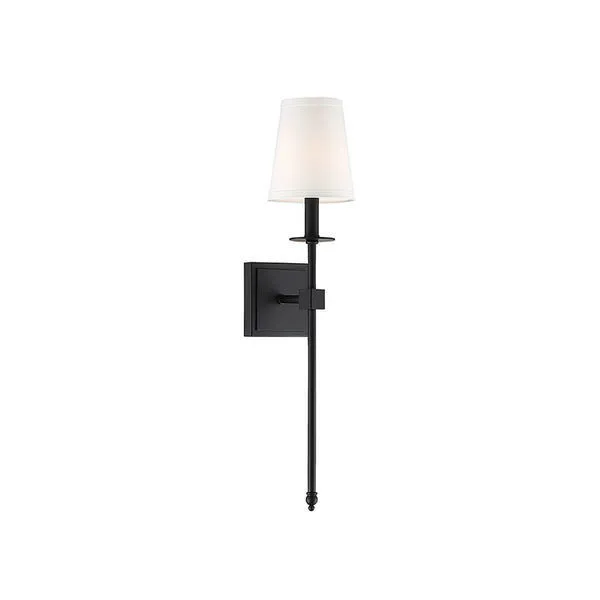 Monroe 1 Light Sconce with long sleek black bronze body and white fabric tapered shade
