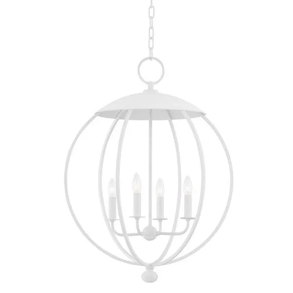 Wesley 4 Light Pendant in white plaster finish with spherical forged metal frame and four thin bulb bases inside