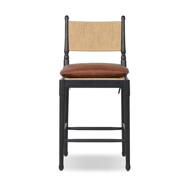 Fayth Bar + Counter Stool in walnut-finished solid ash with a neutral linen back rest and brown leather cushion