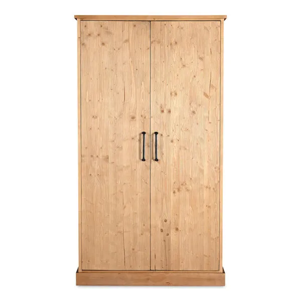 Tall wooden Tade cabinet in Irish pine finish with two doors and black metal handles, no legs
