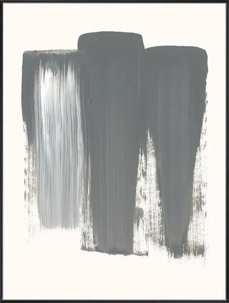 Abstract painting with three large vertical grey brushstrokes on off-white background, textured edges