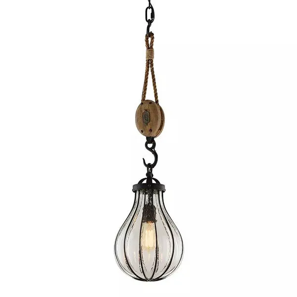 Murphy 1 Light Pendant with black metal frame, clear seeded glass shade, rope accent, and teardrop shape