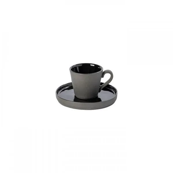 Black Lagoa Eco Gres coffee cup with handle and matching saucer with glossy black center and matte outer rim