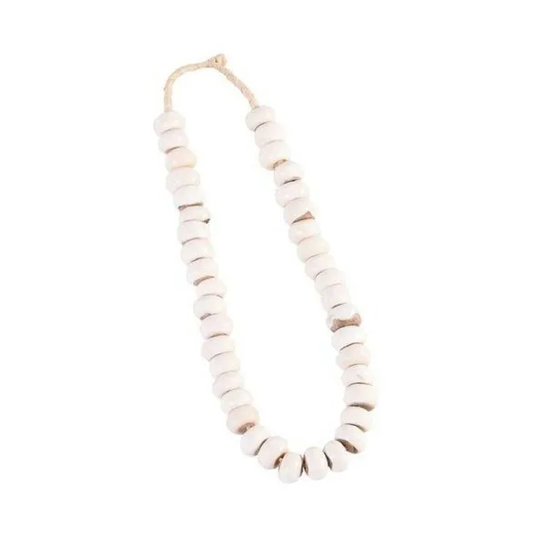 String of White Diamond Kenya beads made from cow bone in rounded, smooth disc shapes with natural color variations