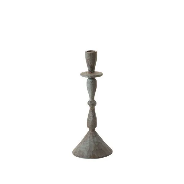 Set of 2 weighty metal Bristol candlesticks with greenish patina finish and lightly hammered texture