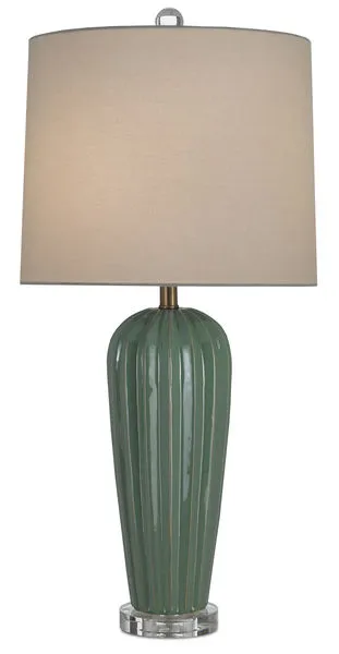 Table lamp with ribbed olive green ceramic body, clear crystal base and finial, topped with a vanilla linen shade