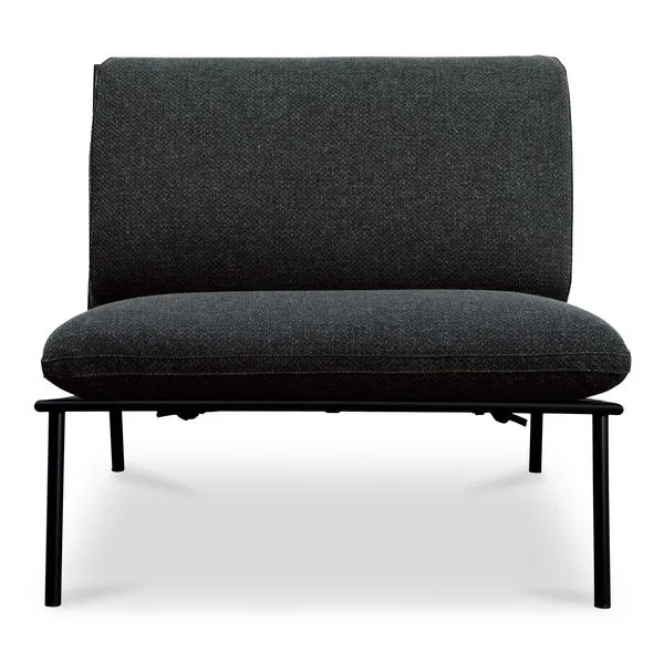 Armless outdoor accent chair with dark gray quick-dry Olefin cushions and black stainless steel frame with crisscross back
