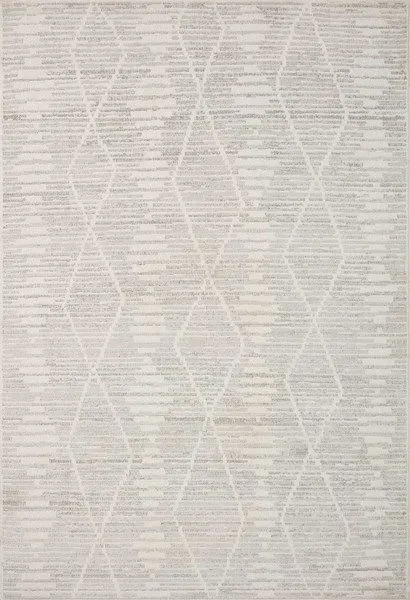 Kamala Ivory Silver Transitional Rug with Moroccan-inspired linear diamond pattern in neutral ivory and silver hues