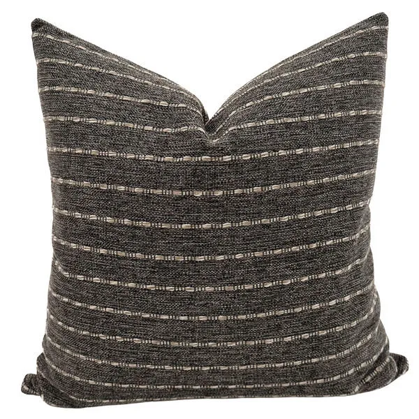 Charcoal-colored pillow with horizontal textured stripes in light beige, square shape with plush filling