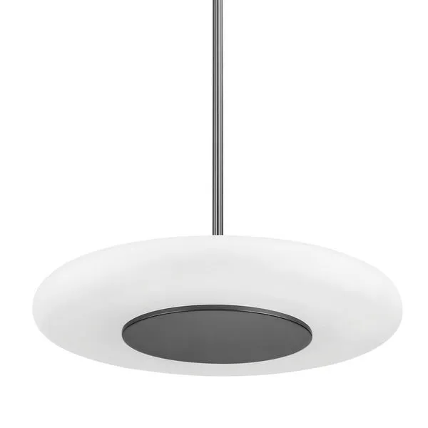 Large pendant light with a flat, round white etched glass shade and central black nickel metal disc