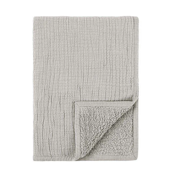 Light gray TC Linen Cotton Blend Throw Blanket with textured linen top layer and fluffy sherpa backing corner folded