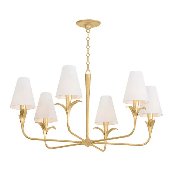 Gold-finished Quill Chandelier with six curved arms, leaf-like bobeche details, and white linen shades